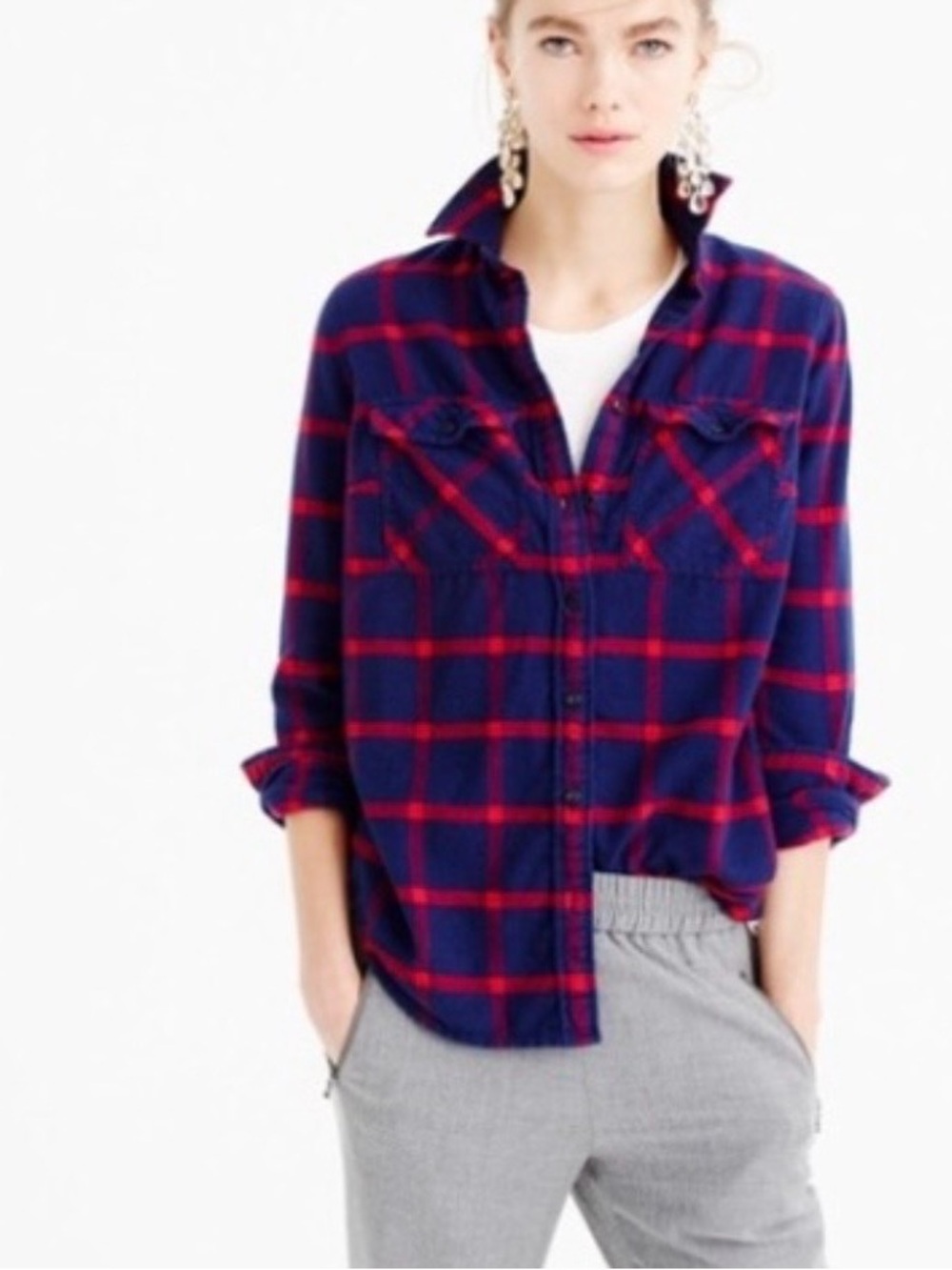 J. Crew Navy and Red Plaid Button-Down Shirt